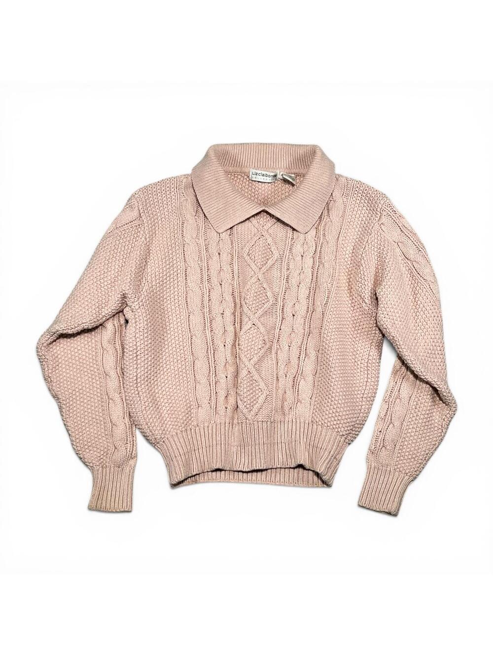 Liz Claiborne Dusty Pink Cable Knit Polo Collar Sweater